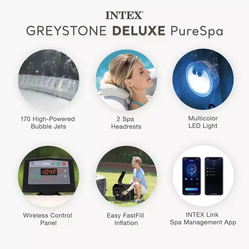 Spa gonflable Intex PureSpa Plus Greystone, 94 x 28 po, avec porte-gobelets (paquet de 4)