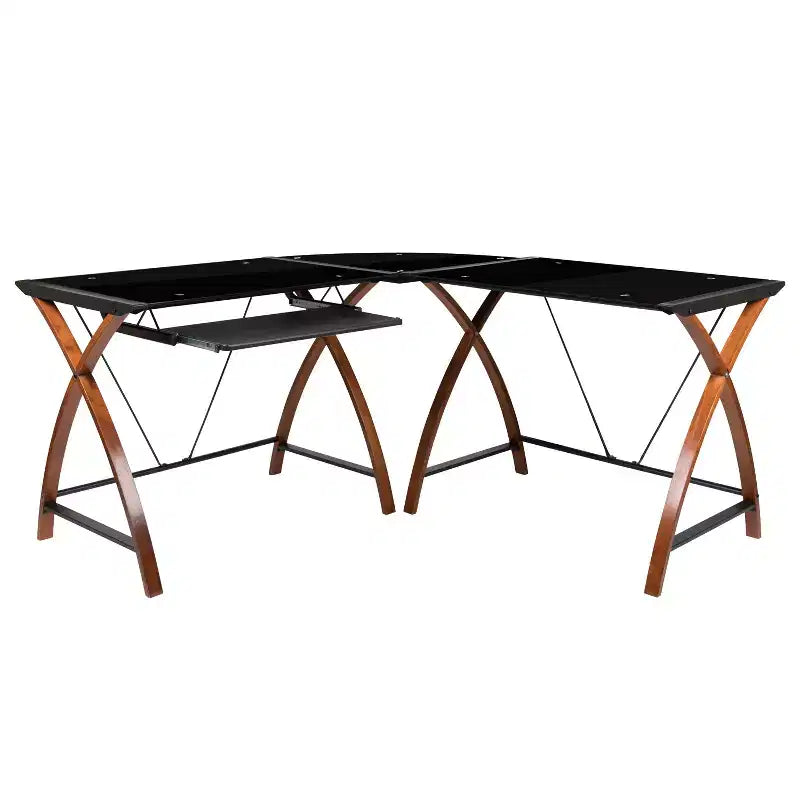 Bureau d'ordinateur d'angle en L Emma et Oliver Glass avec plateau de clavier coulissant