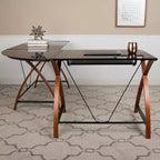 Bureau d'ordinateur d'angle en L Emma et Oliver Glass avec plateau de clavier coulissant