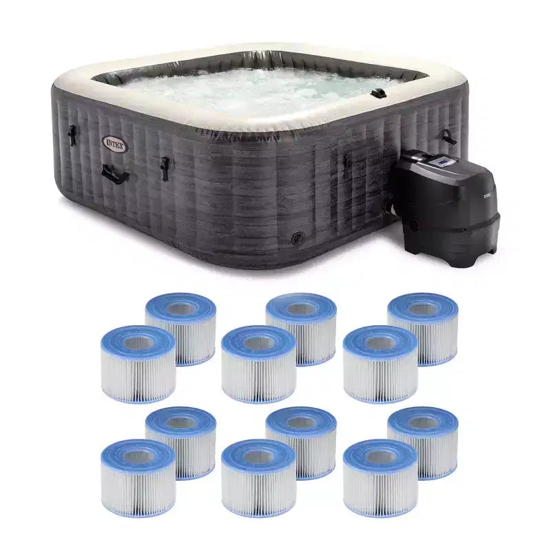 Intex 28451EP PureSpa Plus Greystone Inflatable Square Hot Tub Spa, 94 x 28, with Type S1 Easy Set Spa Filter Replacement Cartridges, 12 Pack