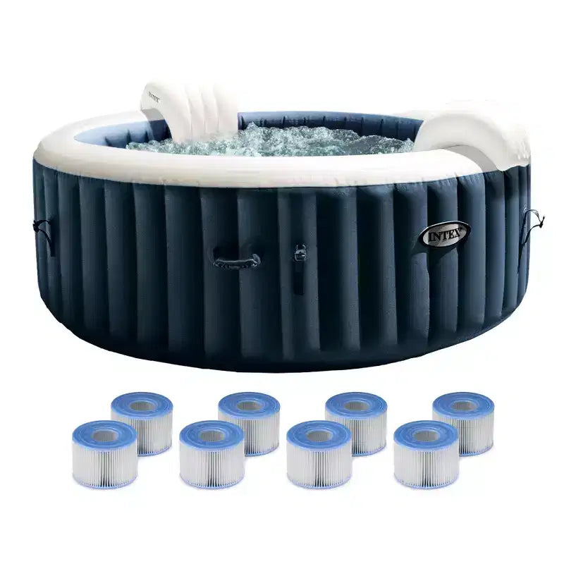 INTEX PureSpa Plus 4 Person Portable Inflatable 77 Round Outdoor Bubble Jet Spa Hot Tub with 8 Type S1 Easy Set Spa Filter Replacement Cartridges