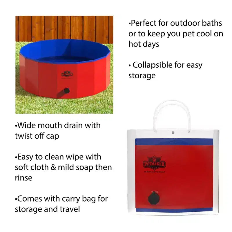 Piscine pour chien – Bassin portatif et pliable pour animaux de compagnie de 77,5 cm avec vidange et sac de transport pour le bain ou le jeu par PETMAKER (rouge)