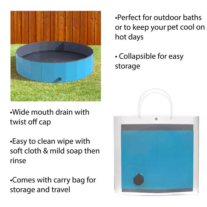 Piscine portable pour chien pour grands chiens – Baignoire pliable en plastique avec drain et sac de transport pour animaux de compagnie et jeux de jardin avec les enfants par PETMAKER (bleu)