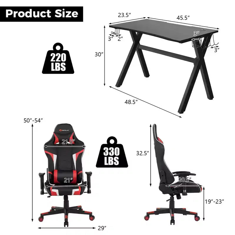 Ensemble Bureau de Gamer en X et Fauteuil de Massage Style Racing Costway pour Bureau à Domicile Noir+Blanc/Bleu/Gris/Rouge