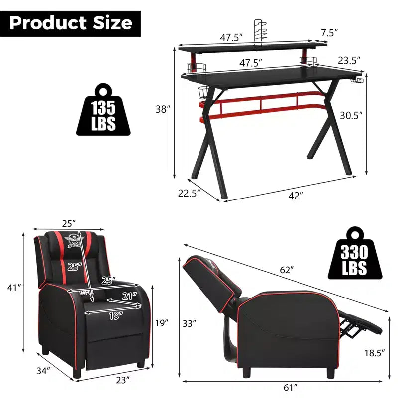 Ensemble bureau gaming et chaise Costway – Bureau informatique 122 cm et fauteuil de massage inclinable noir + blanc/bleu/rose/rouge