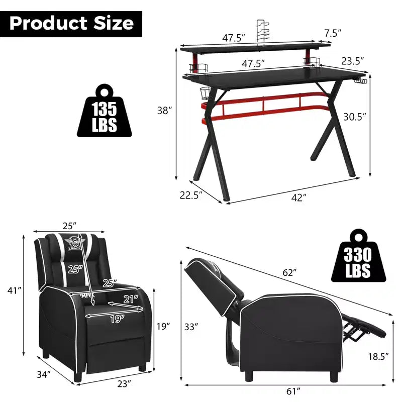 Ensemble bureau gaming et chaise Costway – Bureau informatique 122 cm et fauteuil de massage inclinable noir + blanc/bleu/rose/rouge
