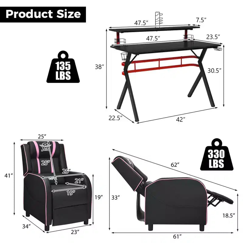 Ensemble bureau gaming et chaise Costway – Bureau informatique 122 cm et fauteuil de massage inclinable noir + blanc/bleu/rose/rouge