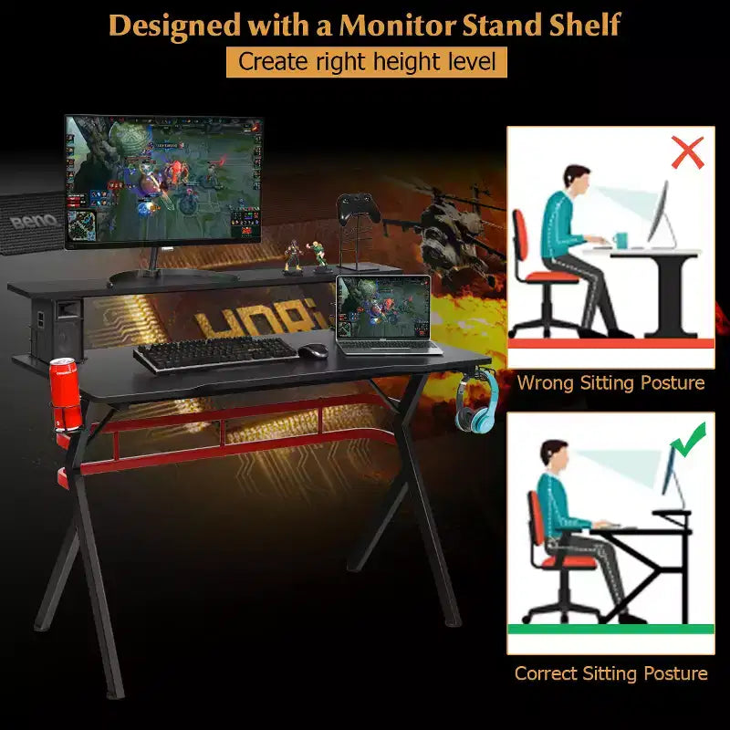 Ensemble bureau gaming et chaise Costway – Bureau informatique 122 cm et fauteuil de massage inclinable noir + blanc/bleu/rose/rouge