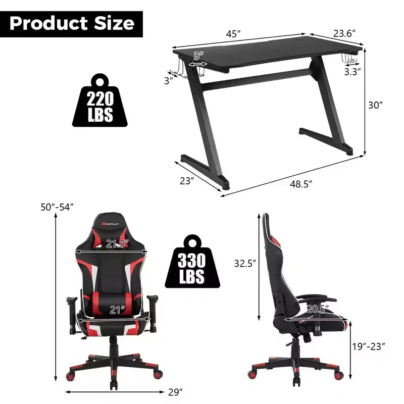 Ensemble de bureau en forme de Z et chaise de jeu de massage de style course Costway pour bureau à domicile