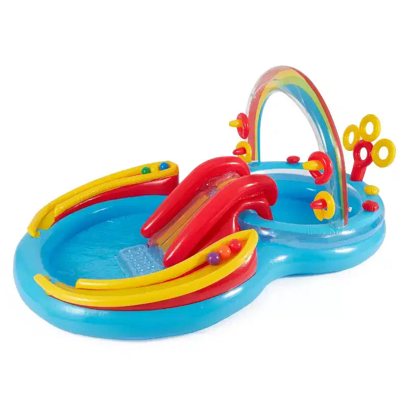 Piscine gonflable Intex 9,75 x 6,3 pieds Rainbow Ring, centre de jeux avec toboggan aquatique et petites balles multicolores en plastique Fun Ballz pour fosse à balles, lot de 100