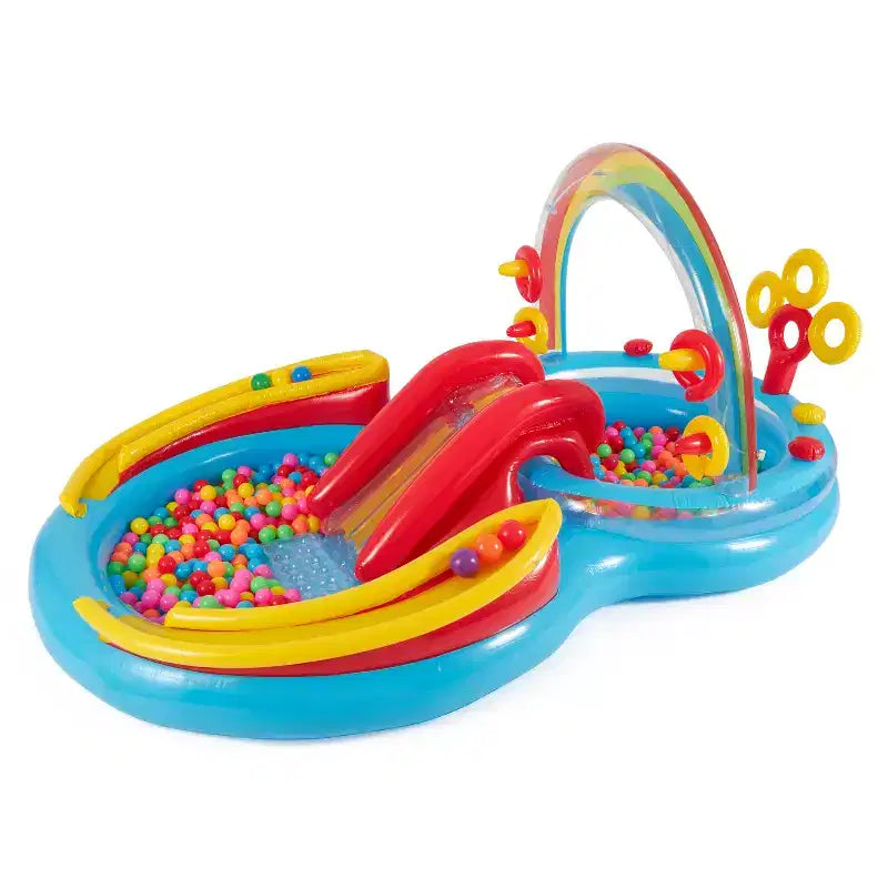 Piscine gonflable Intex 9,75 x 6,3 pieds Rainbow Ring, centre de jeux avec toboggan aquatique et petites balles multicolores en plastique Fun Ballz pour fosse à balles, lot de 100