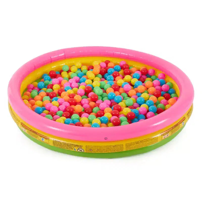 Intex Piscine gonflable pour enfants Sunset Glow colorée de 58 x 13 pouces pour l'arrière-cour et petites balles en plastique multicolores Fun Ballz avec sac de transport, lot de 100