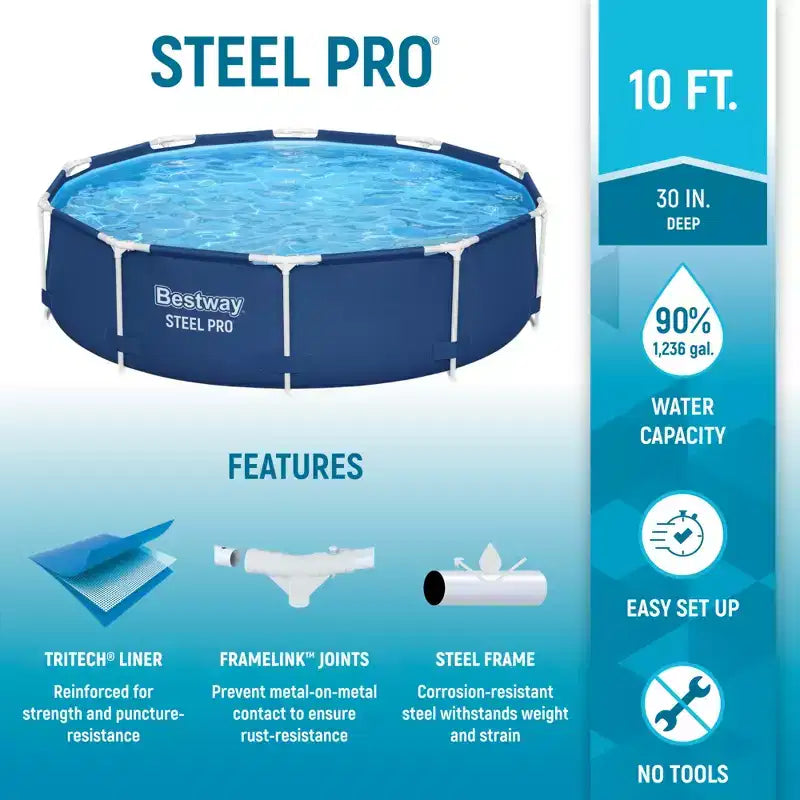 Piscine hors-sol ronde Bestway Steel Pro de 3,05 m x 76 cm avec cadre en acier et pompe de filtration de 1 249 L/h, bleue