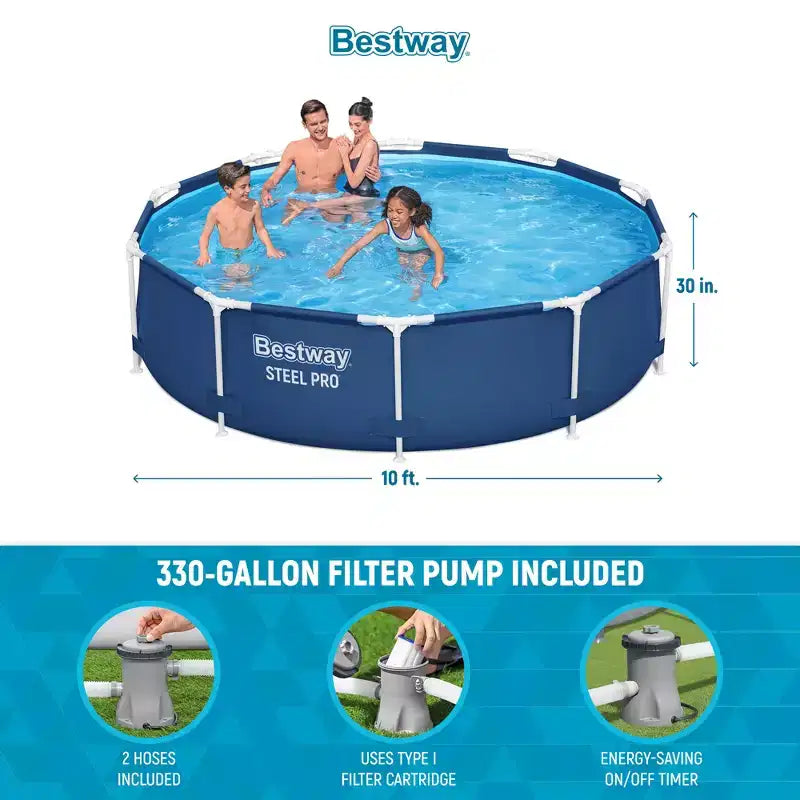 Piscine hors-sol ronde Bestway Steel Pro de 3,05 m x 76 cm avec cadre en acier et pompe de filtration de 1 249 L/h, bleue
