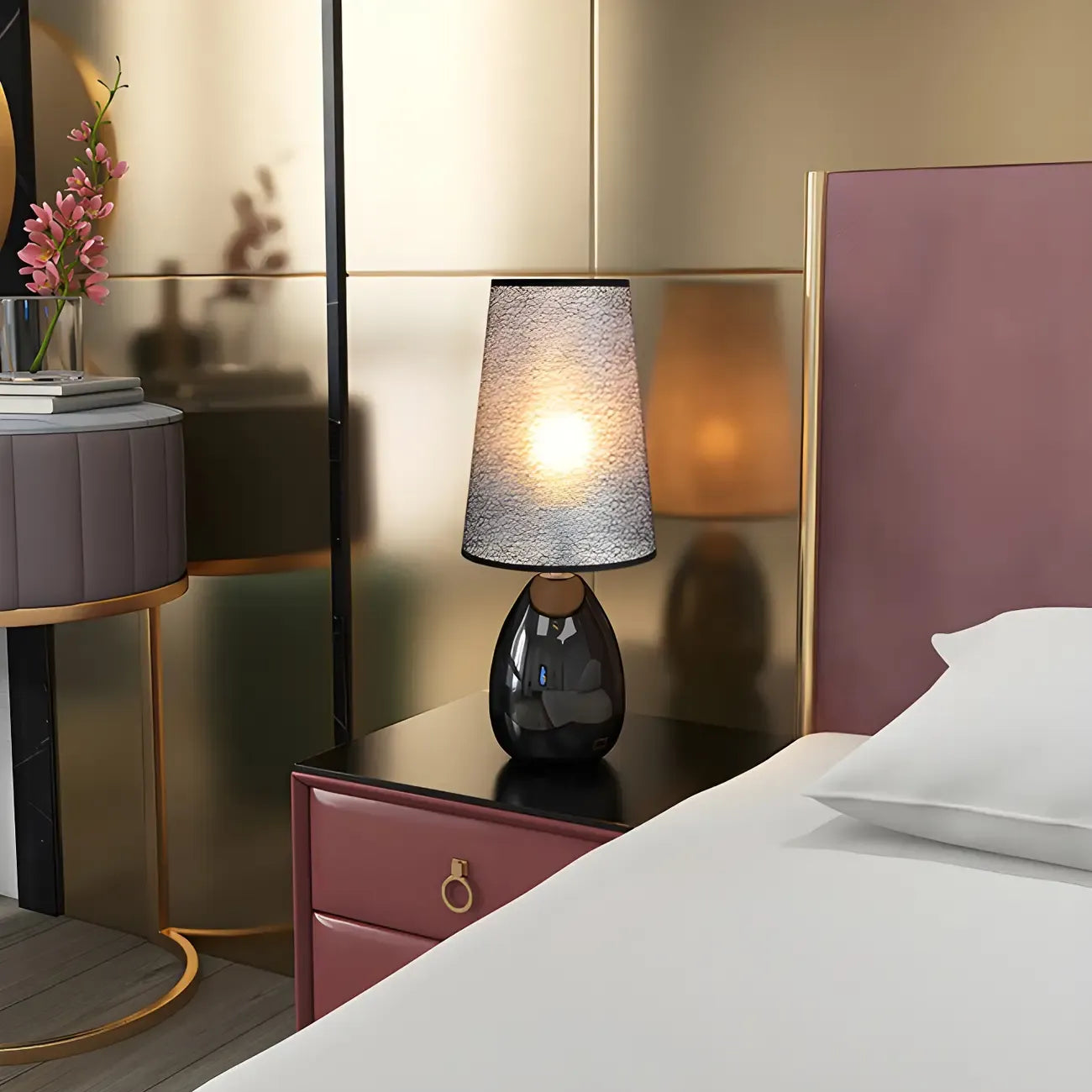 Lampe de table tactile LED élégante en tissu noir pour chambre à coucher