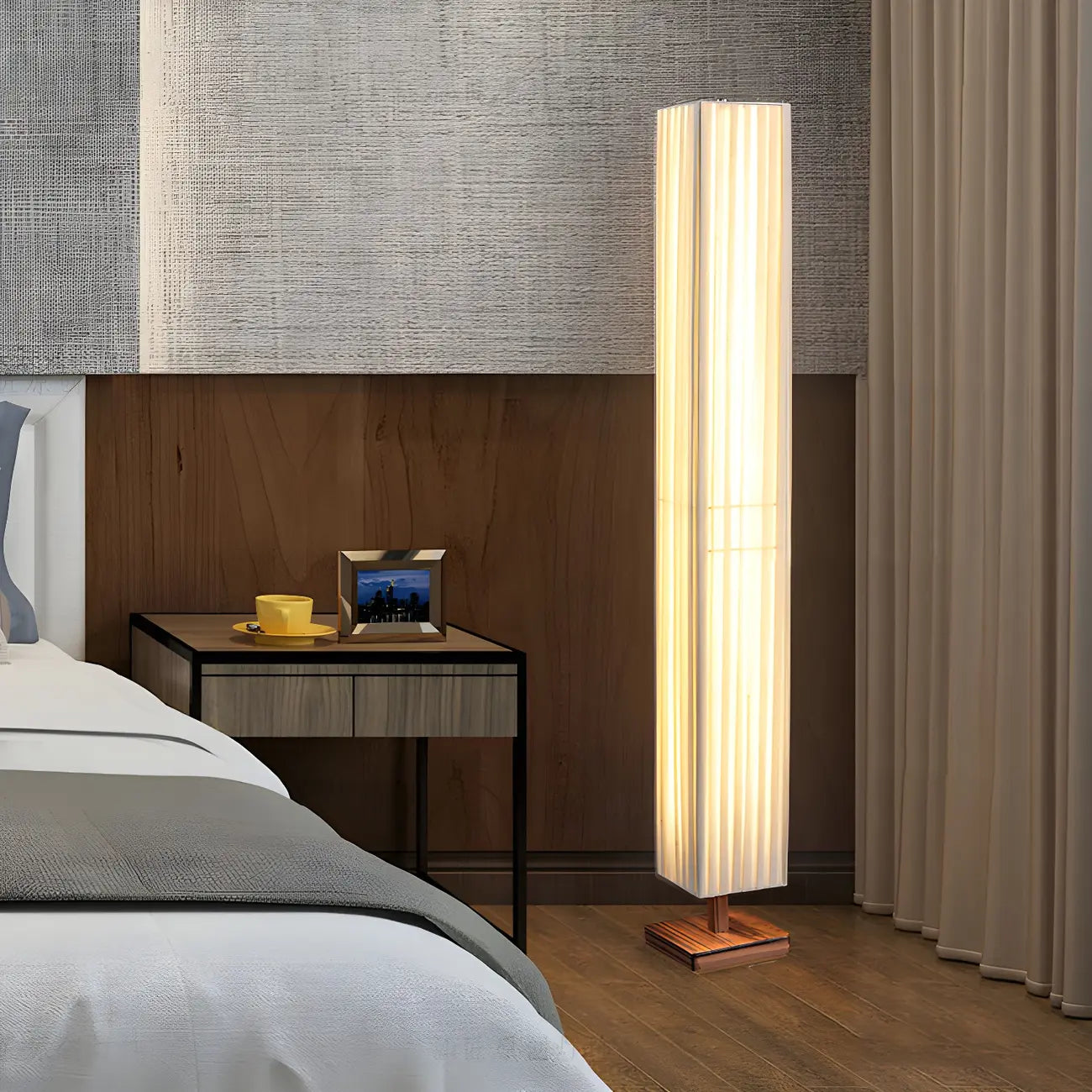 Lampadaire moderne en bois avec colonne et LED 3 couleurs pour salon