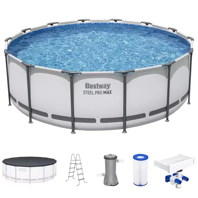 Bestway 7 Colored LED Waterfall Cascade Accessory Attachment & Steel Pro MAX 14' x 48 Round Outdoor Above Ground Swimming Pool Set with Pump