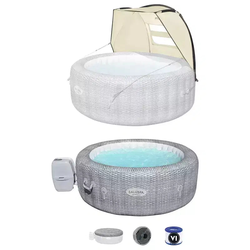 Bestway SaluSpa Sun Shade Canopy Bundled with Honolulu SaluSpa Inflatable Outdoor Hot Tub with 140 Soothing AirJets and Insulated Cover