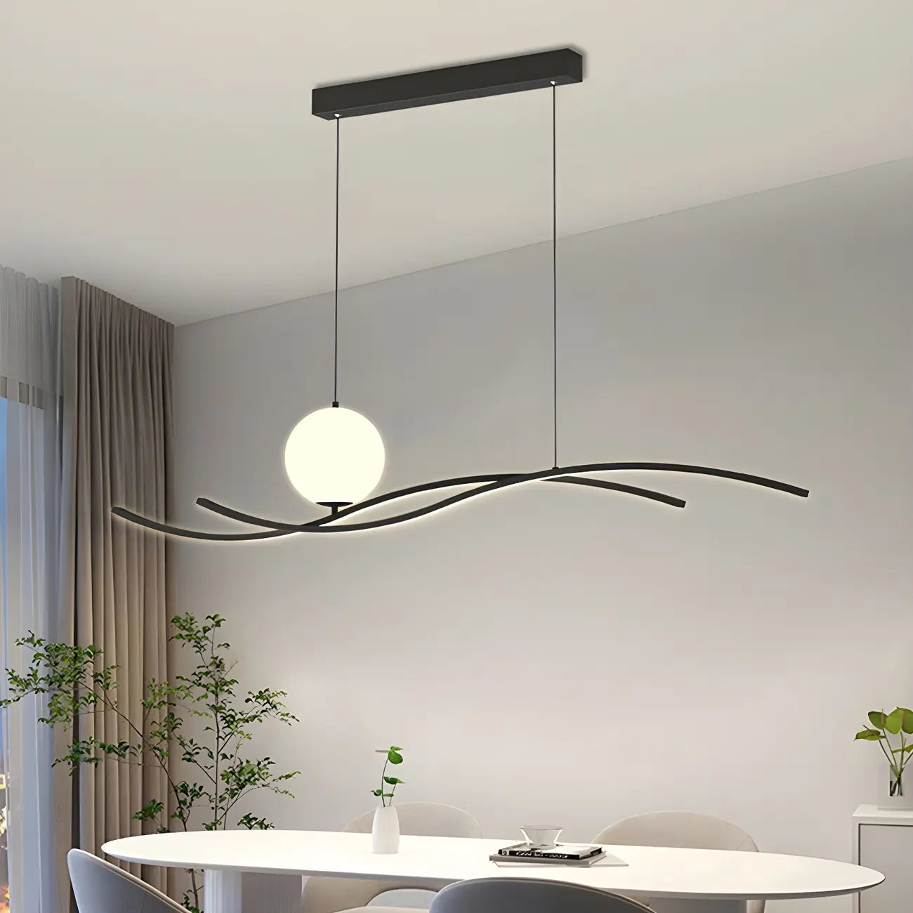 Suspension minimaliste noire et blanche linéaire réglable pour îlot de cuisine