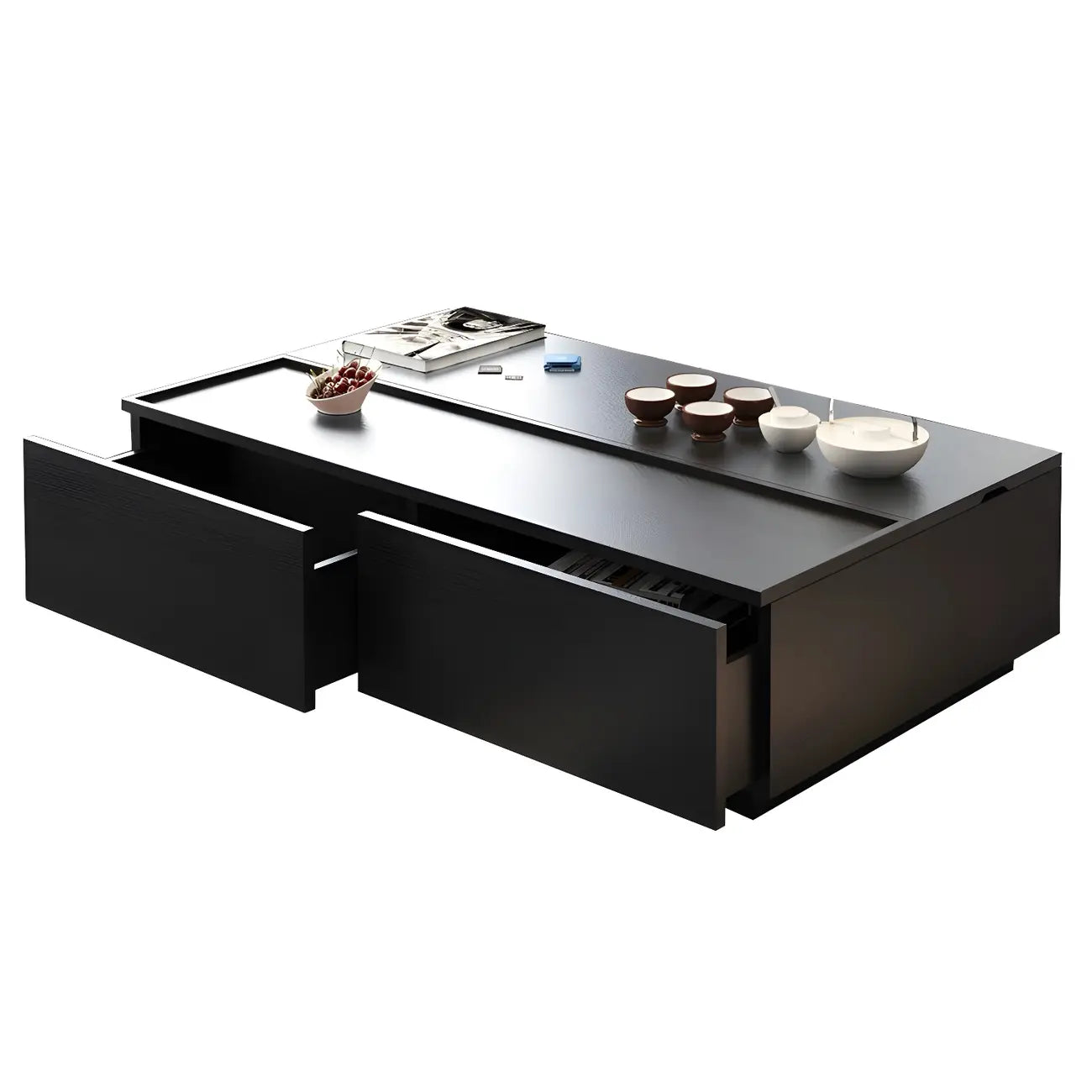 Table basse rectangulaire relevable avec rangement en bois de noyer noir