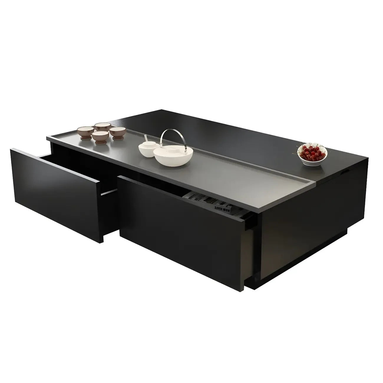 Table basse rectangulaire relevable avec rangement en bois de noyer noir