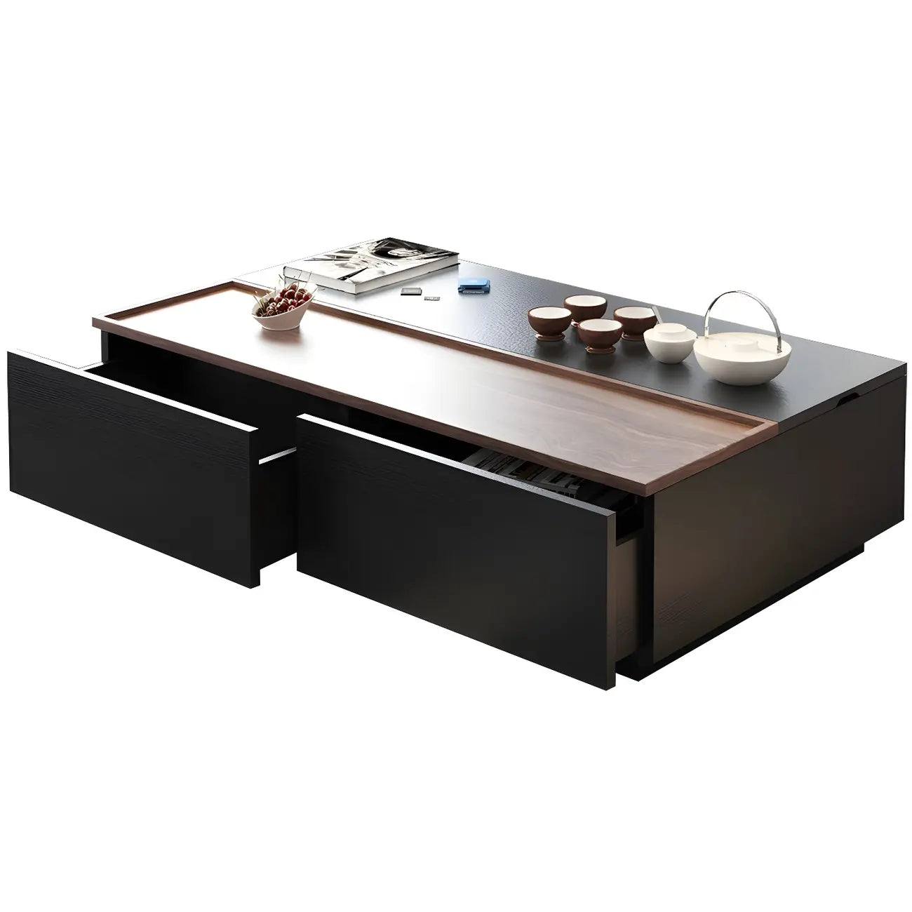 Table basse rectangulaire relevable avec rangement en bois de noyer noir