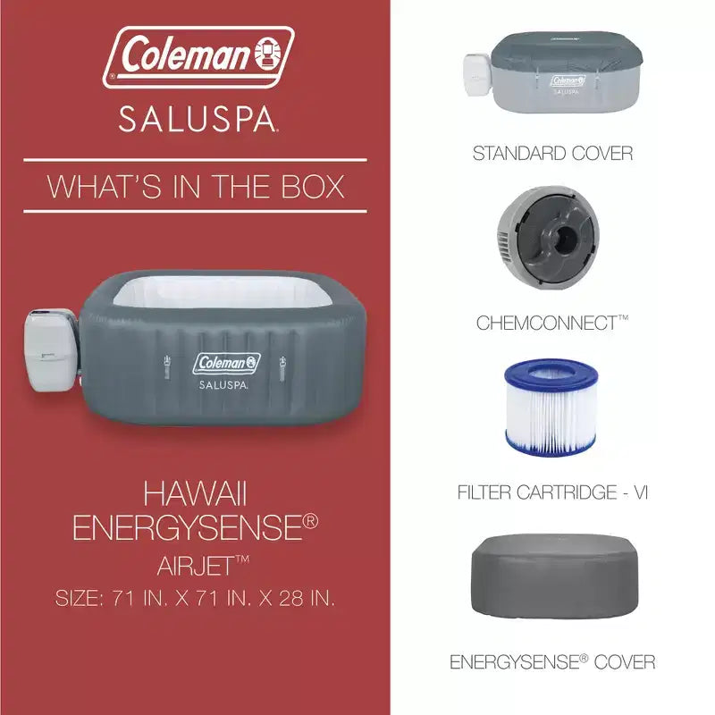 Coleman Hawaii AirJet Grand Carré, Spa gonflable portable d'extérieur 4 à 6 personnes avec 140 AirJets et couvercle EnergySense, Gris