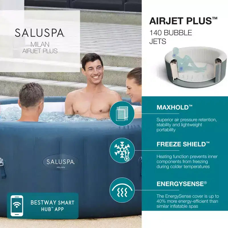 Bestway SaluSpa Milan AirJet, spa gonflable rond portable d'extérieur pour 4 à 6 personnes avec 140 jets d'air et couverture économiseur d'énergie EnergySense, bleu