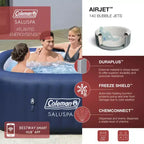 Spa gonflable Coleman Atlantis AirJet grand carré pour 4 à 6 personnes, portable, pour extérieur, avec 140 jets d'air et couvercle EnergySense, bleu