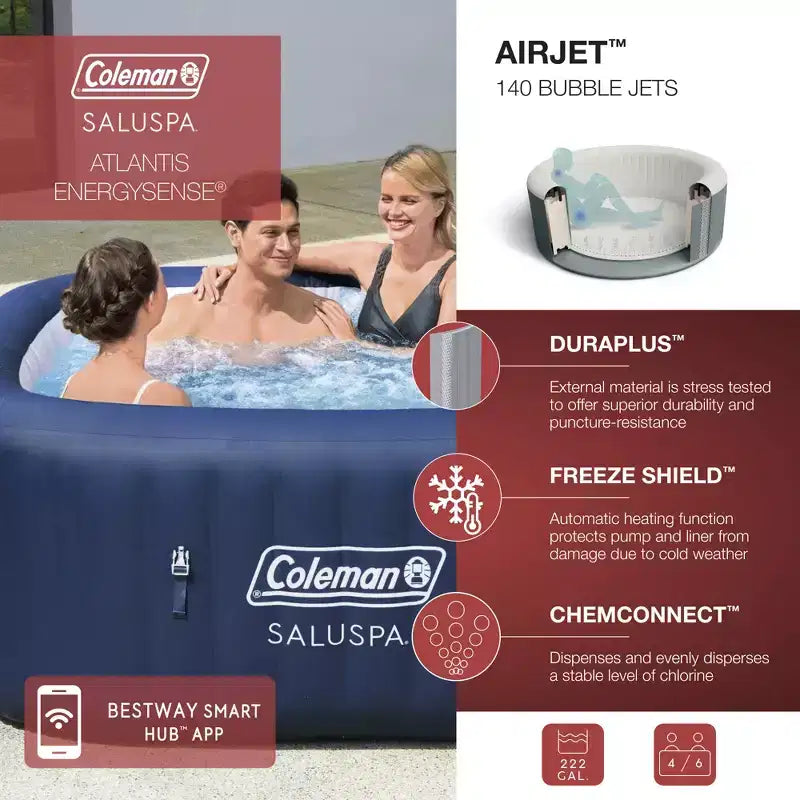 Spa gonflable Coleman Atlantis AirJet grand carré pour 4 à 6 personnes, portable, pour extérieur, avec 140 jets d'air et couvercle EnergySense, bleu