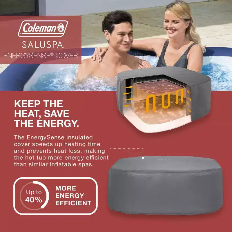 Spa gonflable Coleman Atlantis AirJet grand carré pour 4 à 6 personnes, portable, pour extérieur, avec 140 jets d'air et couvercle EnergySense, bleu