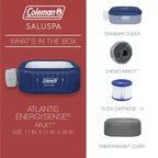 Spa gonflable Coleman Atlantis AirJet grand carré pour 4 à 6 personnes, portable, pour extérieur, avec 140 jets d'air et couvercle EnergySense, bleu
