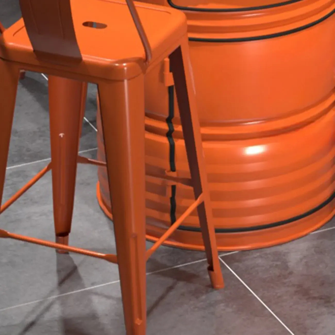 Tables de bar industrielles noires et oranges pour le rangement de fûts en métal