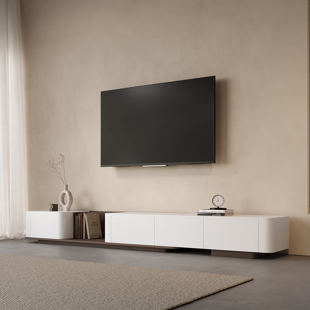 Meuble TV extensible moderne en bois blanc avec tiroirs
