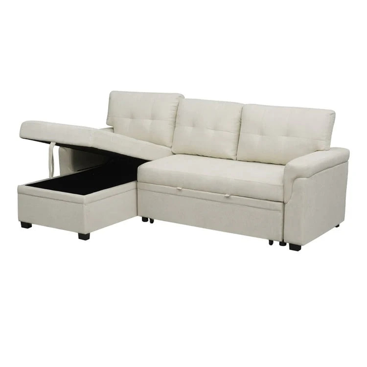 Canapé d'angle convertible et réversible avec lit gigogne, méridienne de rangement dissimulée et pieds robustes.
