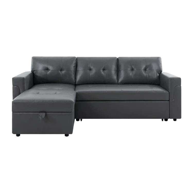 Canapé d'angle convertible et réversible avec lit gigogne, méridienne de rangement dissimulée et pieds robustes.