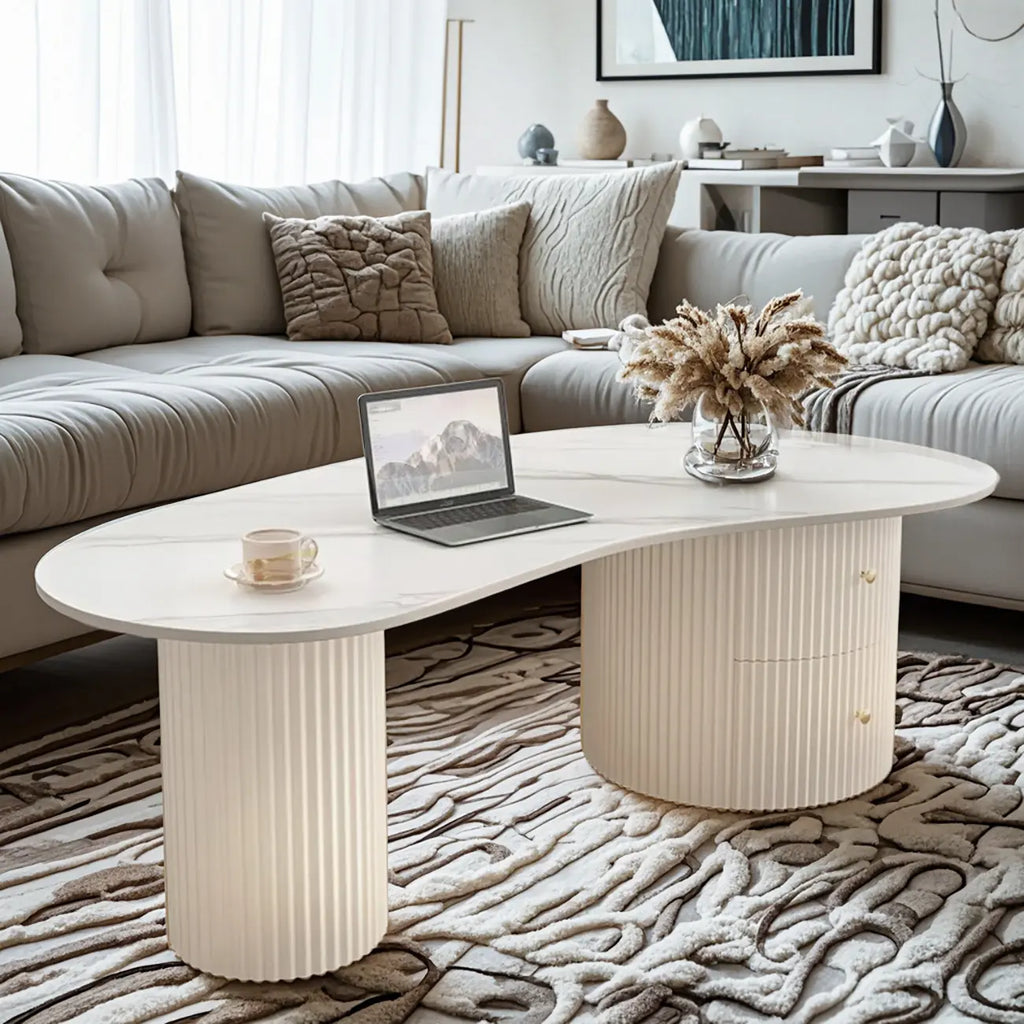 Table basse ovale blanche minimaliste standard avec 2 tiroirs