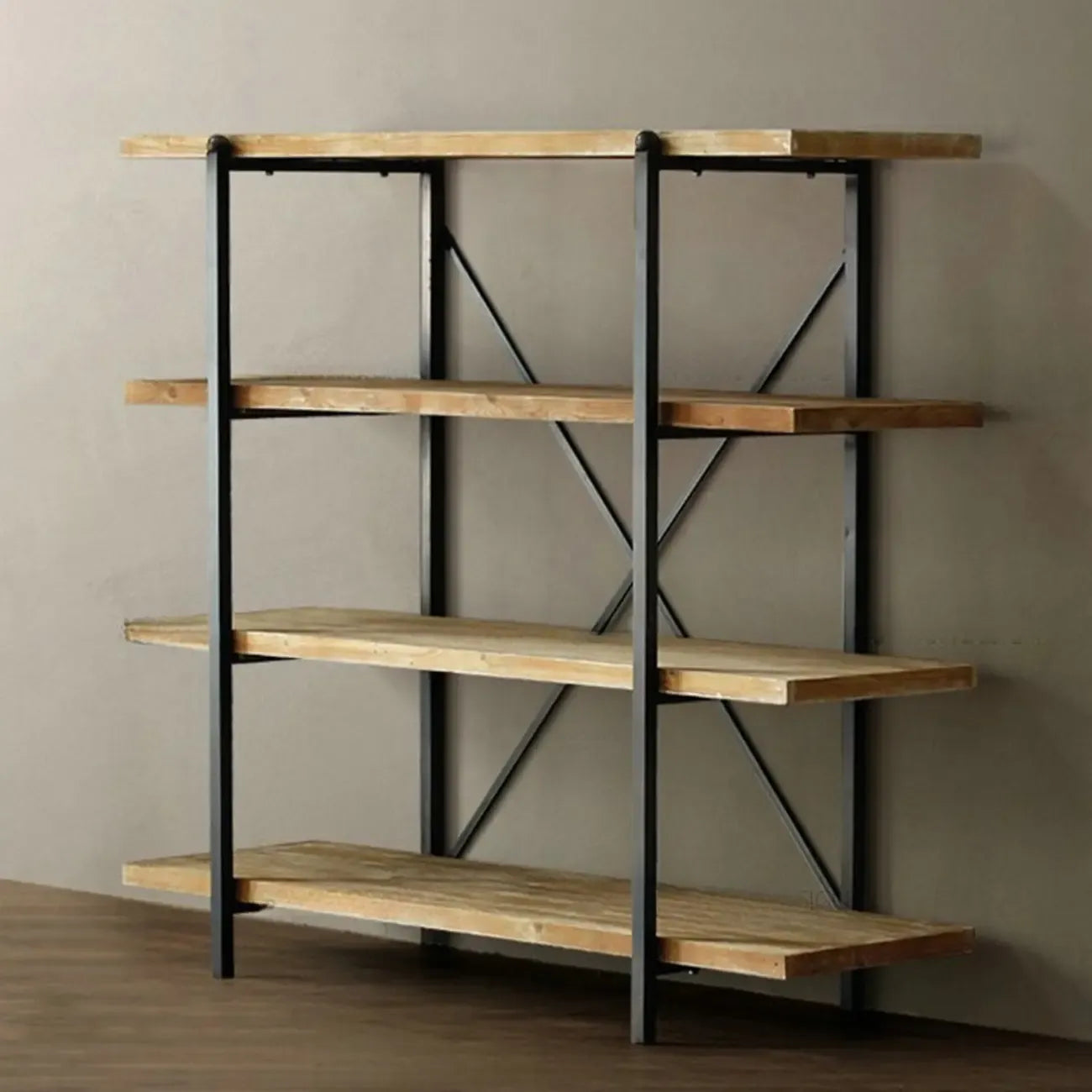 Bibliothèque murale industrielle en bois et métal à 4 niveaux