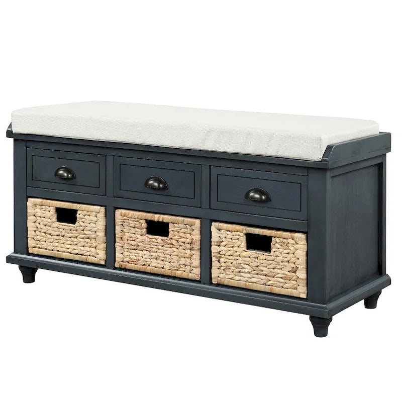 Banc de rangement rustique avec 3 tiroirs et 3 paniers en rotin, banc à chaussures pour salon, entrée