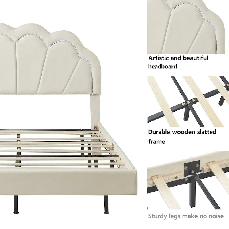 Ensemble de chambre 2 pièces avec lit plateforme LED et pouf de rangement