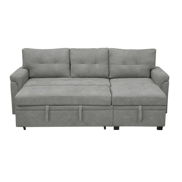 Canapé d'angle convertible et réversible avec lit gigogne, méridienne de rangement dissimulée et pieds robustes.