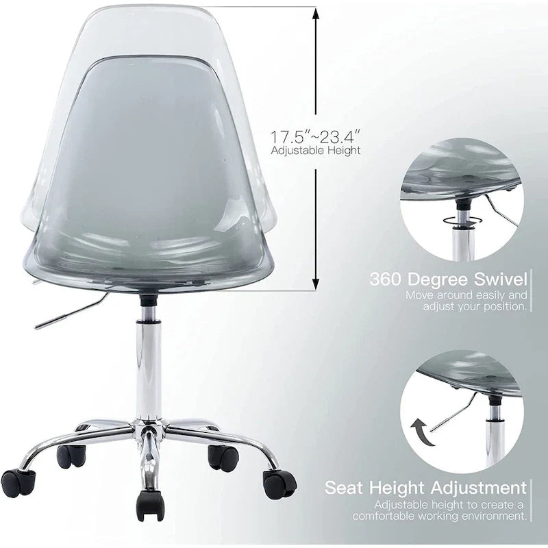 Sedia da ufficio senza braccioli in acrilico con ruote, regolabile in altezza e girevole