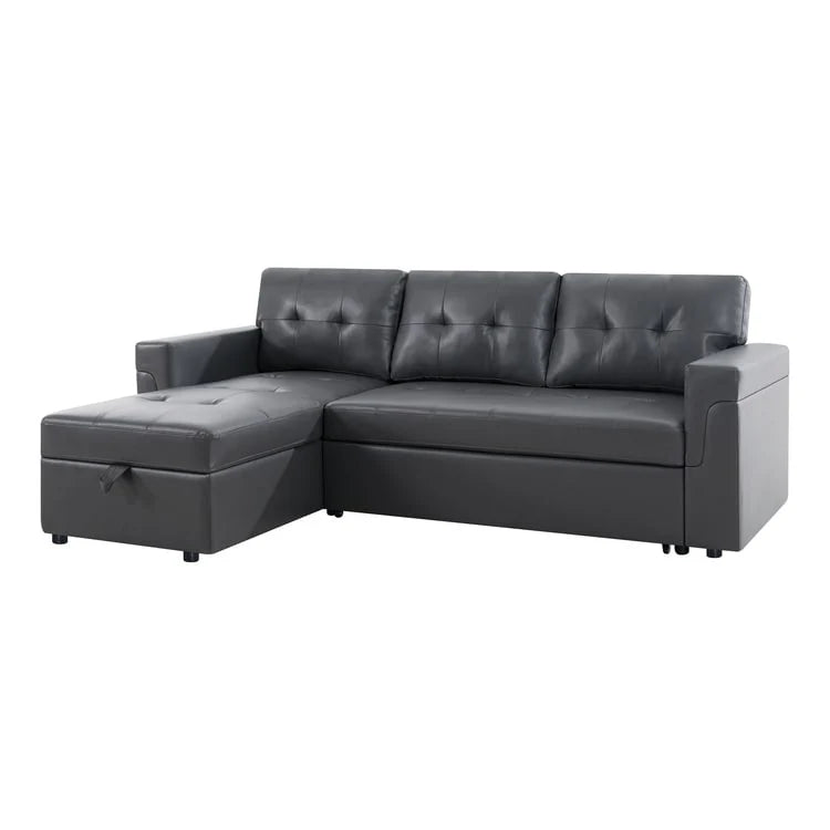 Canapé d'angle convertible et réversible avec lit gigogne, méridienne de rangement dissimulée et pieds robustes.