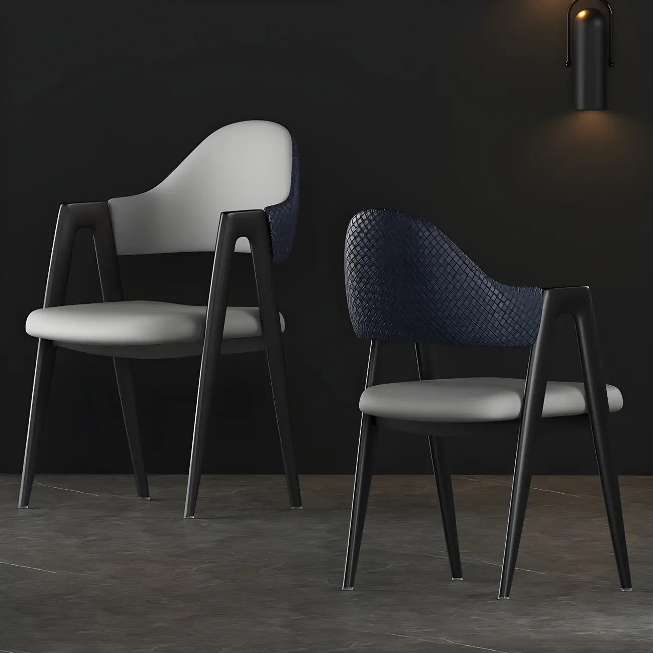 Chaise de salle à manger moderne en cuir avec dossier incurvé et accoudoirs ouverts