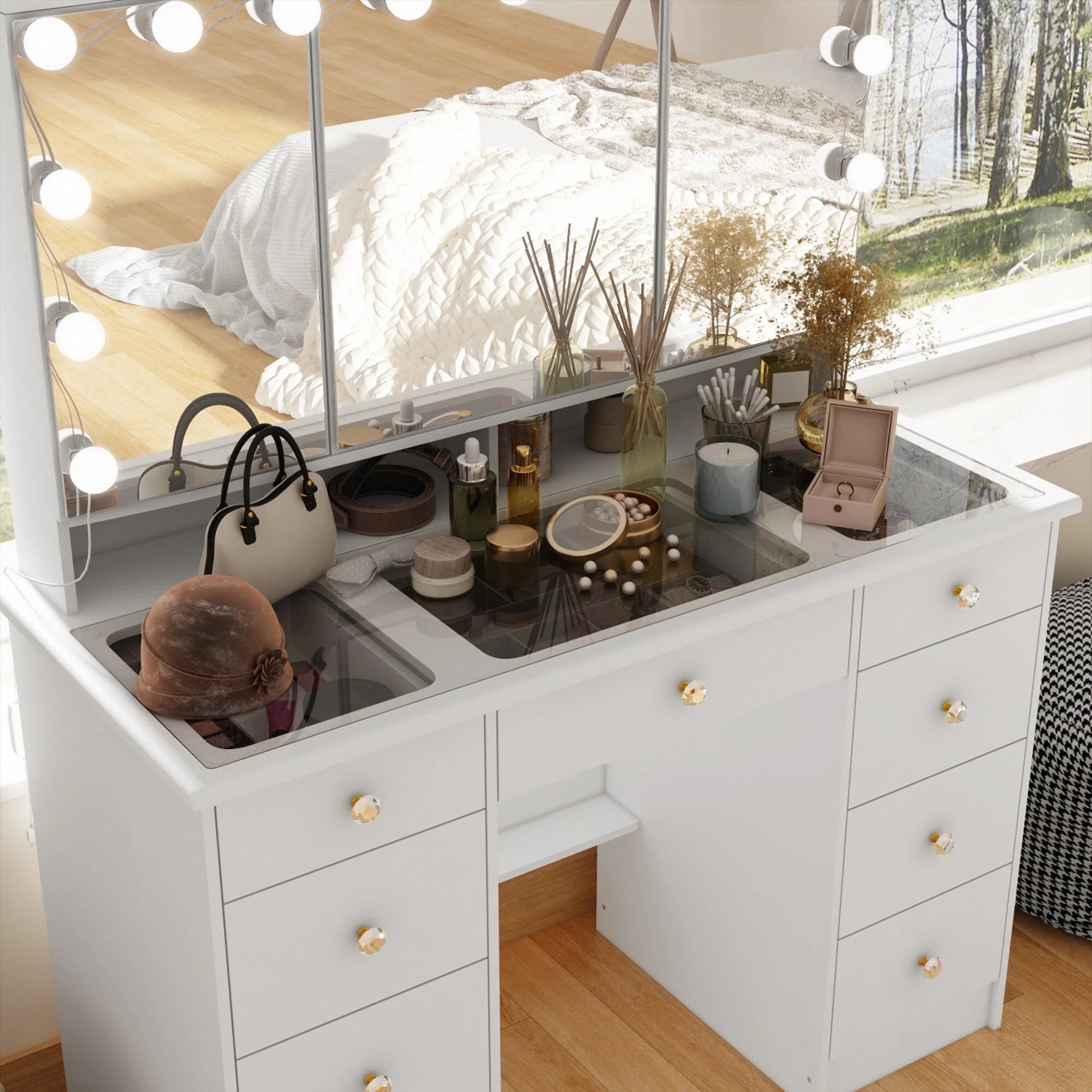 Coiffeuse avec miroir à trois volets, éclairage certifié, plateau en verre