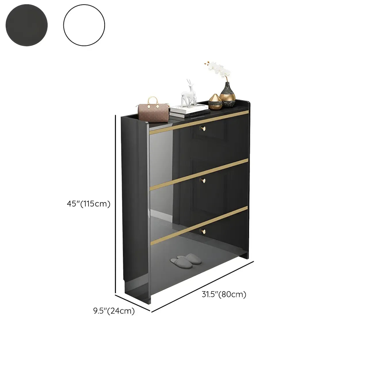 Meuble de rangement à chaussures noir glamour pour entrée avec étagères réglables