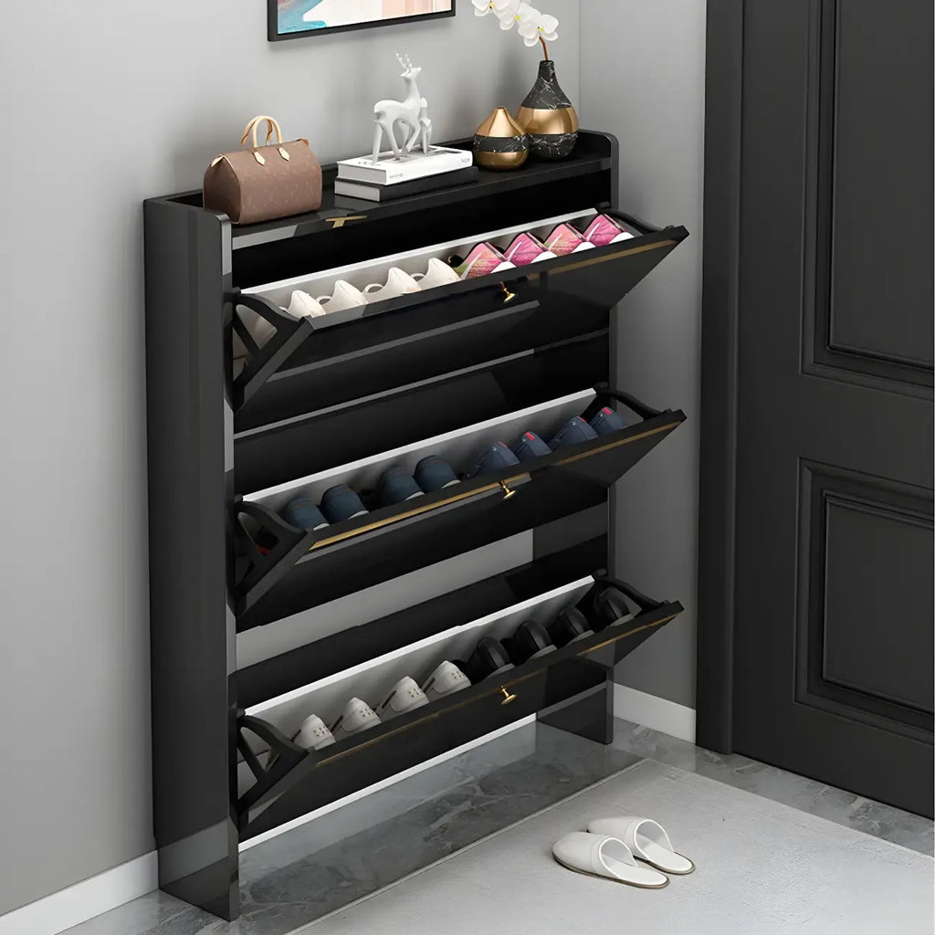 Meuble de rangement à chaussures noir glamour pour entrée avec étagères réglables