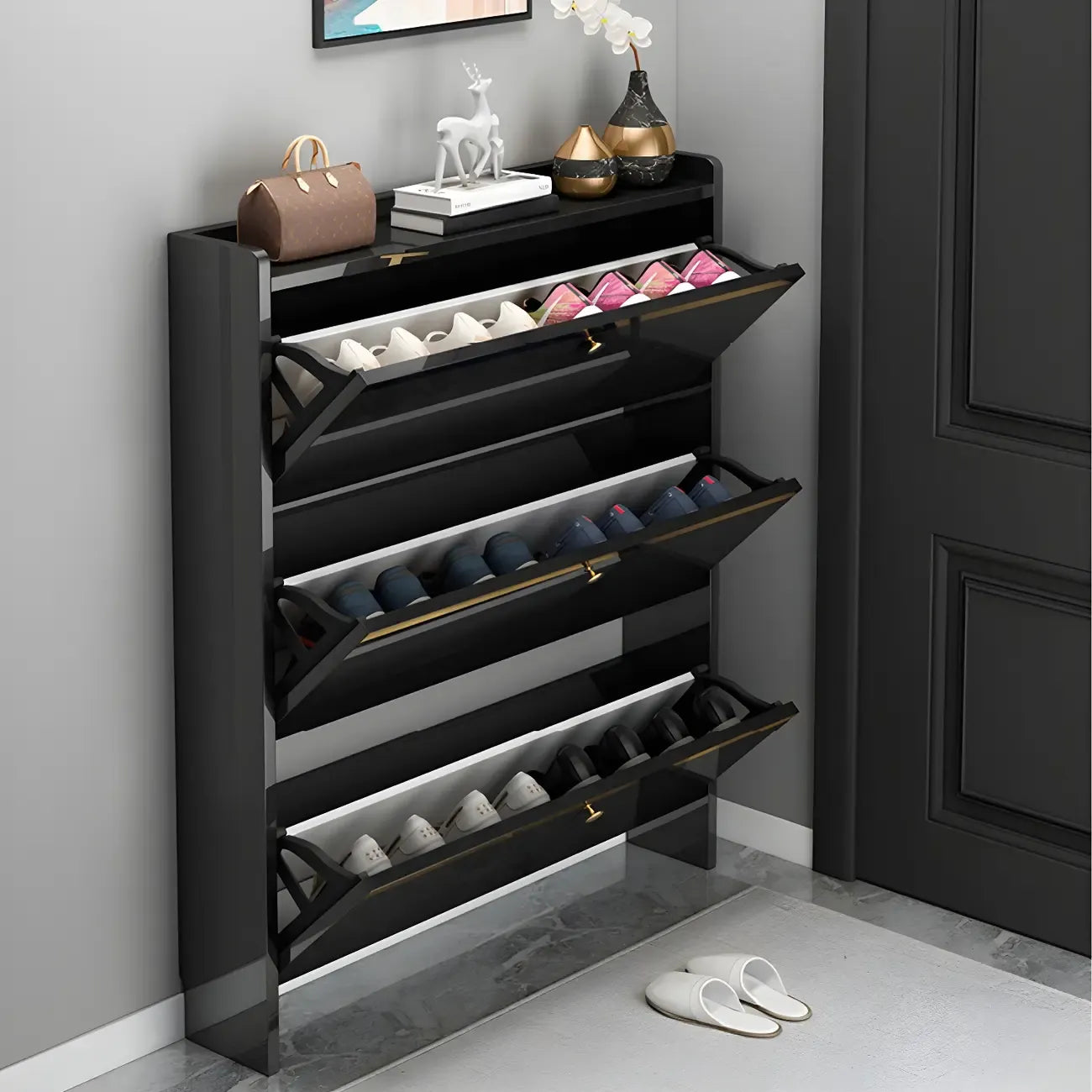 Meuble de rangement à chaussures noir glamour pour entrée avec étagères réglables