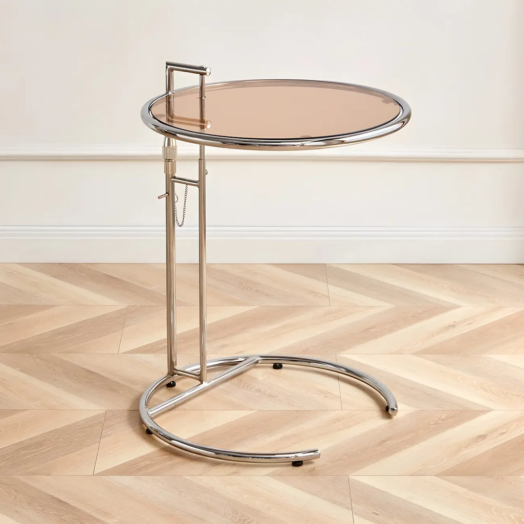 Table d'appoint ronde argentée en forme de C à hauteur réglable