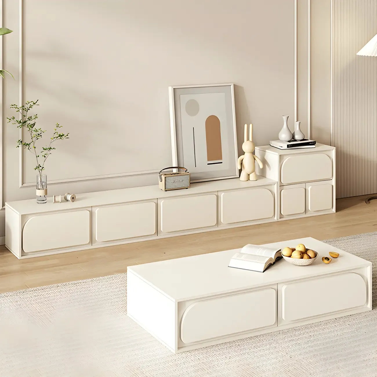 Mobile TV con gestione cavi, 79 pollici, legno moderno bianco, con gambe